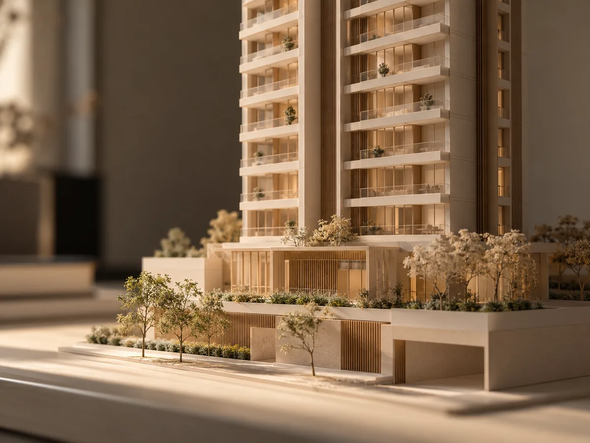 Maquete de arquitetura de uma torre residencial iluminada por luz quente