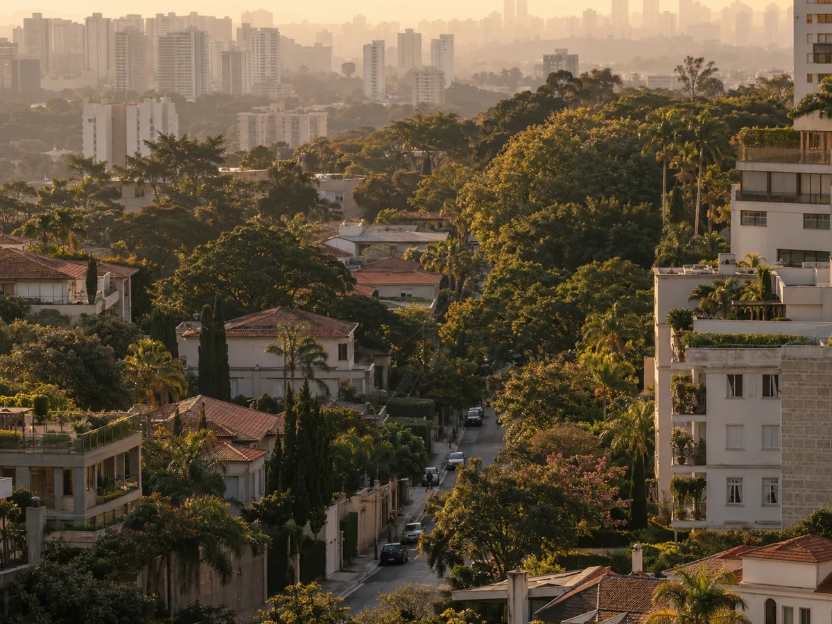 Bairro arborizado de São Paulo visto do alto na hora dourada