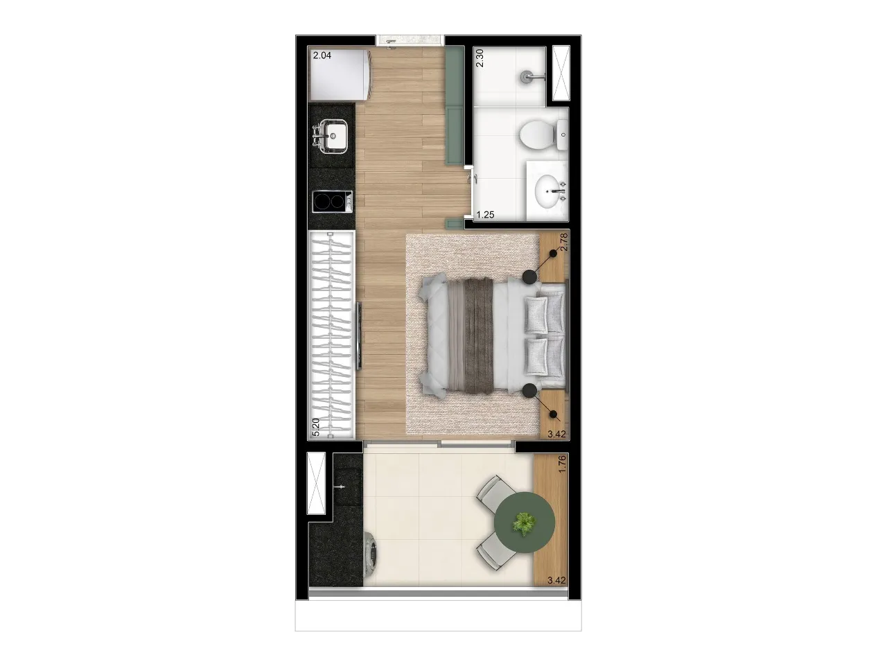 Planta Studio (R) — 26 m²