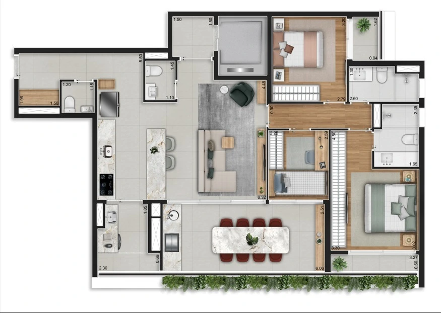Planta 2 suítes - Sala Ampliada — 123,1 m²