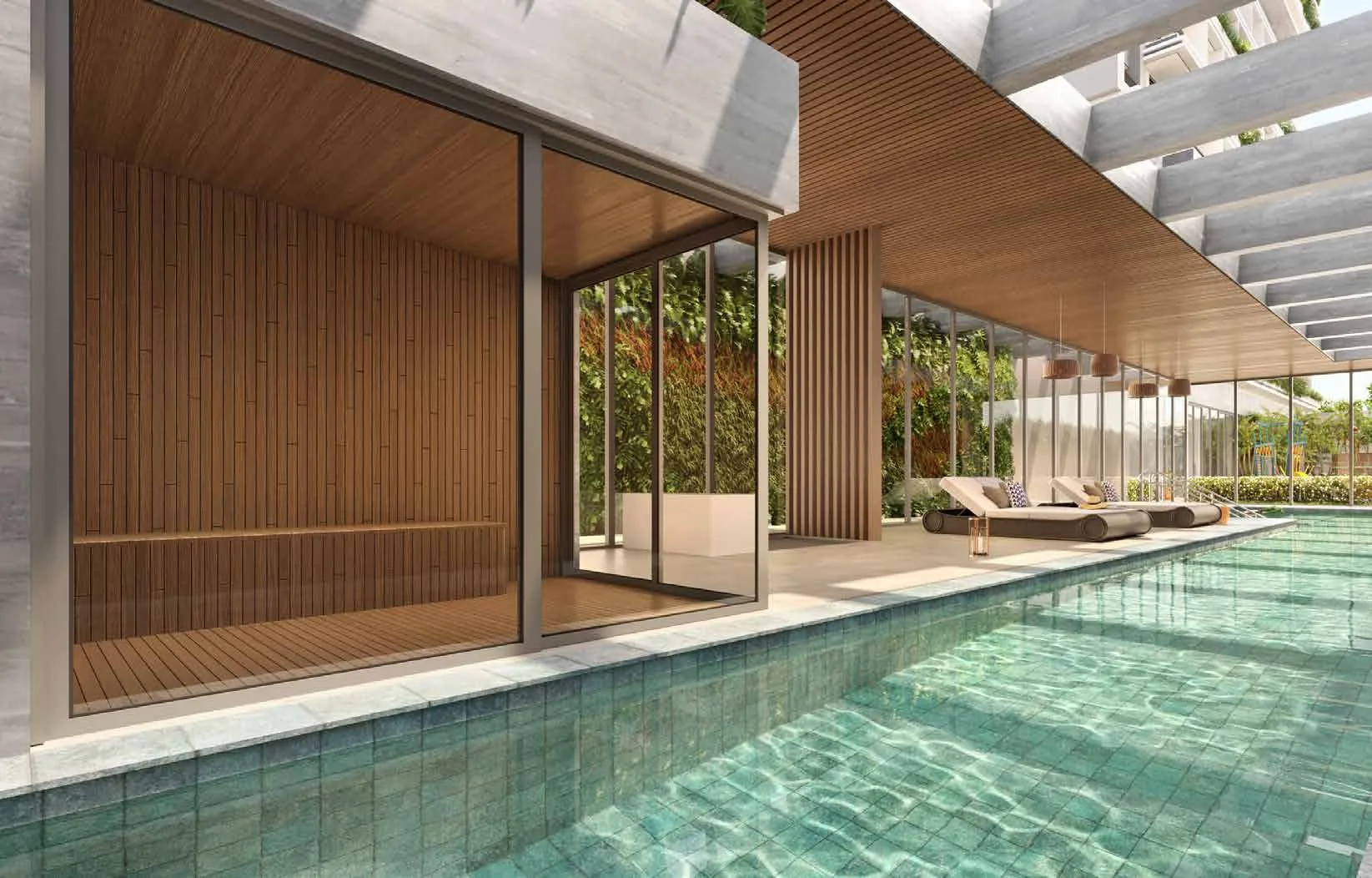 Piscina coberta com sauna de vidro